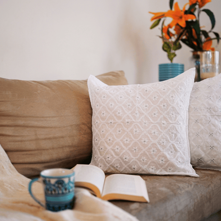 Meera White Chikankari Cushion Cover |SHOBITAM