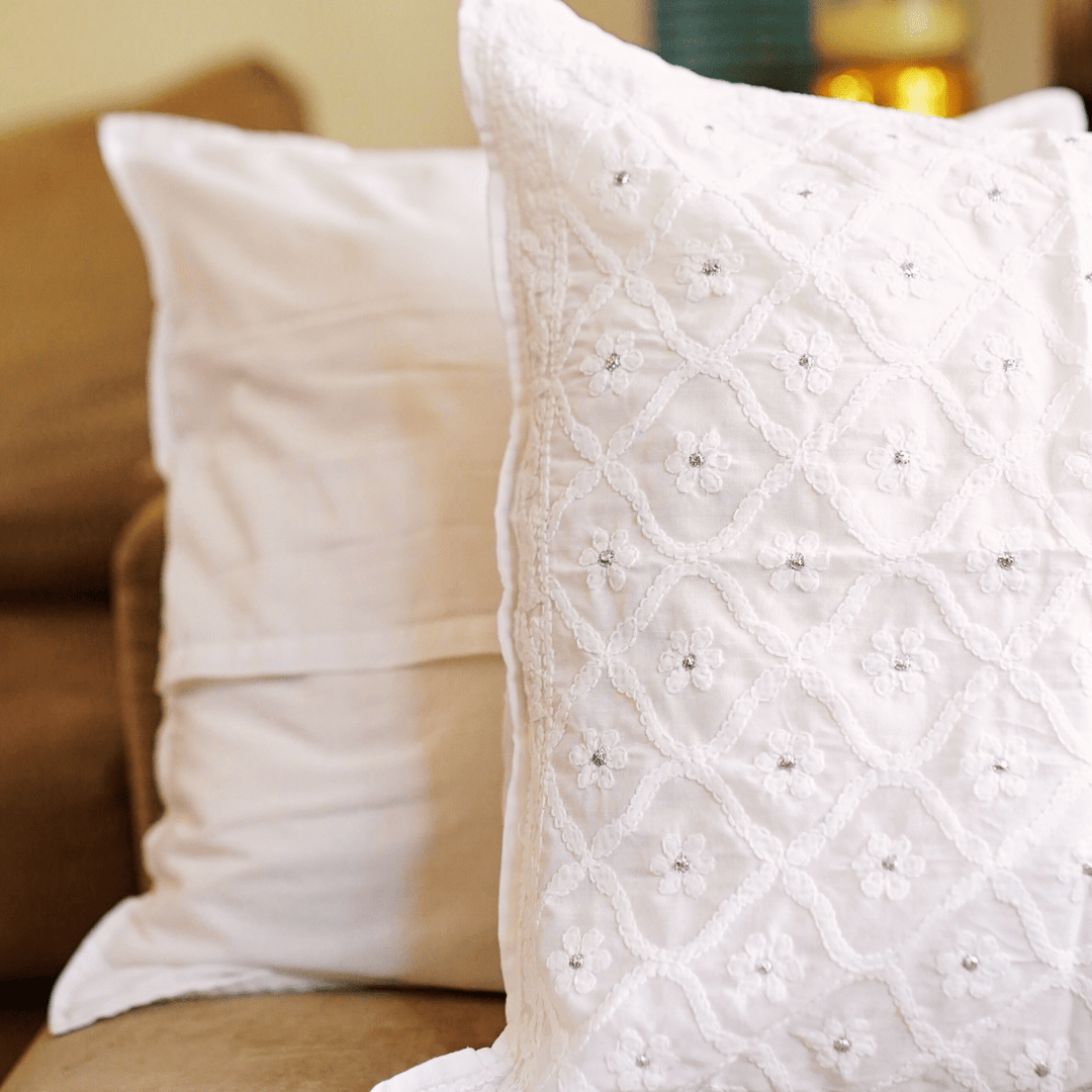 Meera White Chikankari Cushion Cover |SHOBITAM