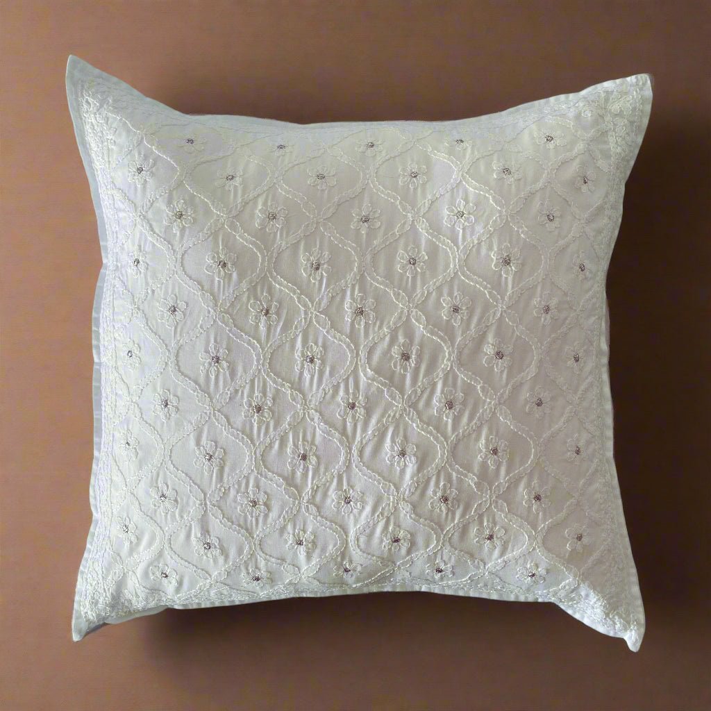 Meera White Chikankari Cushion Cover |SHOBITAM