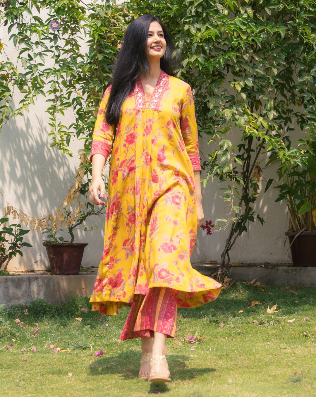 GULBAHAR Yellow Embroidered Viscose Kurta Set