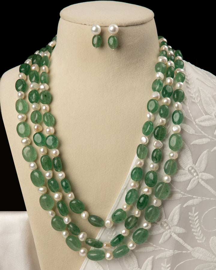Vasundhara: Green Aventurine Mala with Earrings and Bracelet | SHOBITAM