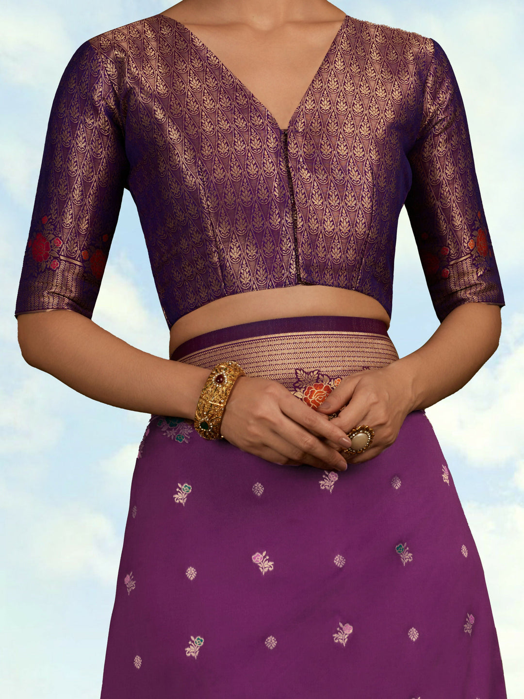 Dark Violet Semi Banarasi Silk Blend Saree With Zari Woven Work | SHOBITAM