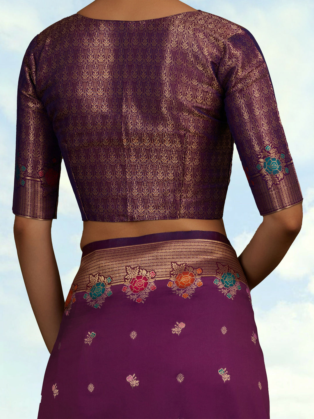 Dark Violet Semi Banarasi Silk Blend Saree With Zari Woven Work | SHOBITAM
