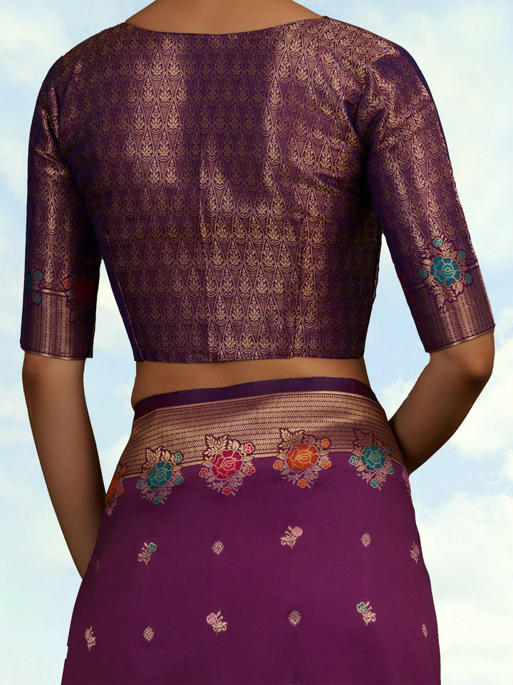 Dark Violet Semi Banarasi Silk Blend Saree With Zari Woven Work | SHOBITAM