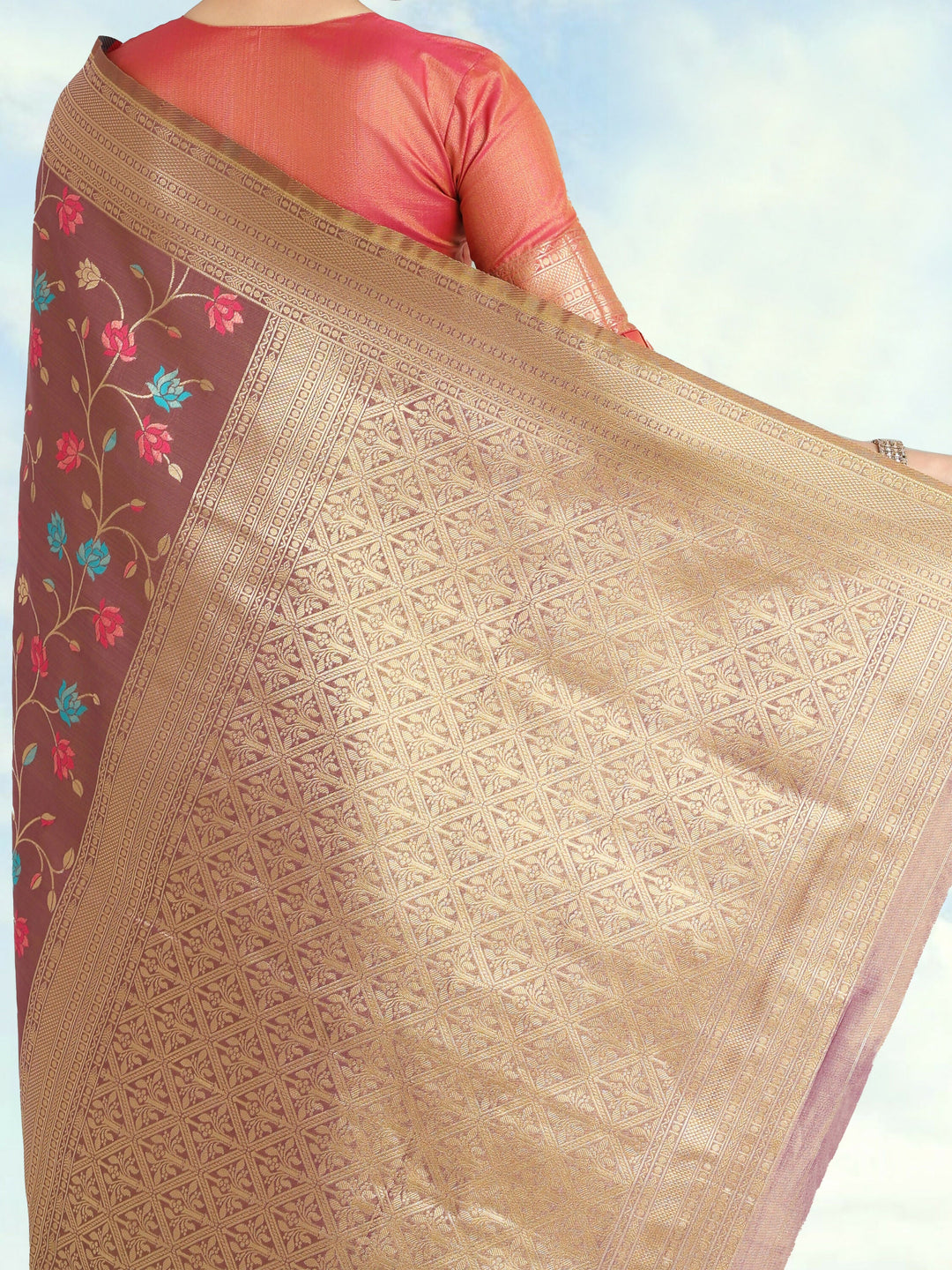 Light Brown Semi Banarasi tissue silk saree | SHOBITAM