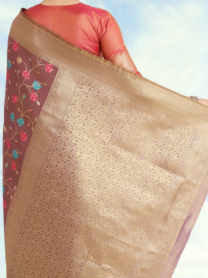 Light Brown Semi Banarasi tissue silk saree | SHOBITAM