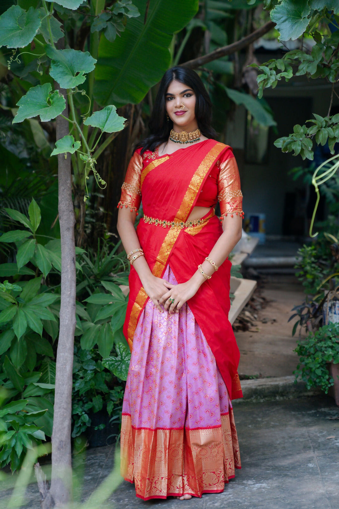 Rose Pink Brocade Skirt With Red Blouse | SHOBITAM