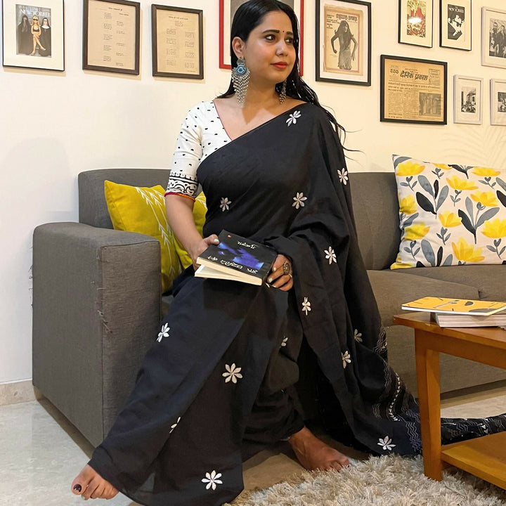 Kantha Kohl Stitch Floral Saree in Mul Cotton | SHOBITAM