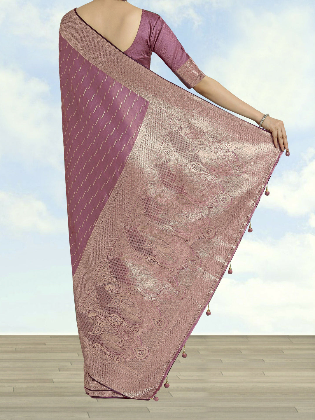 Dusty Rose Pink Weaving Banarasi Satin Silk Saree | SHOBITAM