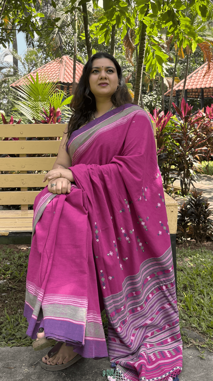 Gulal Bhujodi Cotton saree with Mirror Work | SHOBITAM