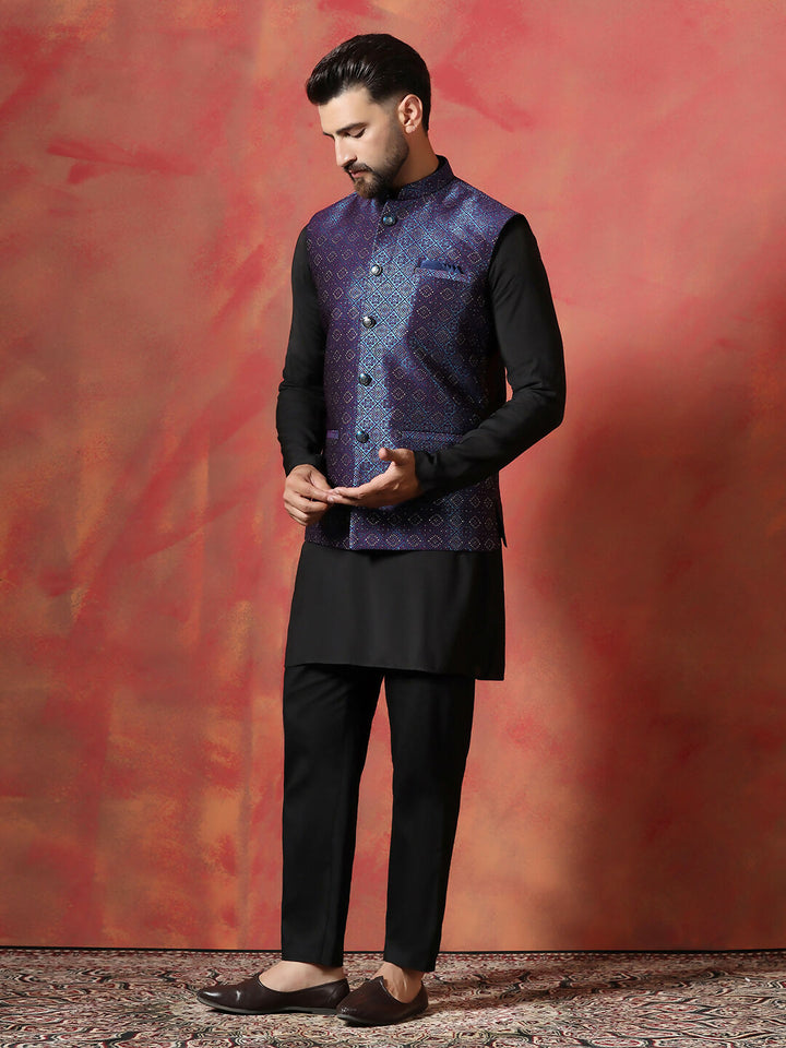 Blue jacquard kurta jacket pyjama set premium indian ethnic outfit | SHOBITAM