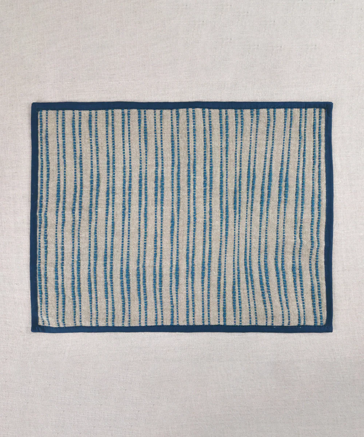 Set of 6 pcs Linen Natural & Teal Yarn Dye Table Mats | SHOBITAM