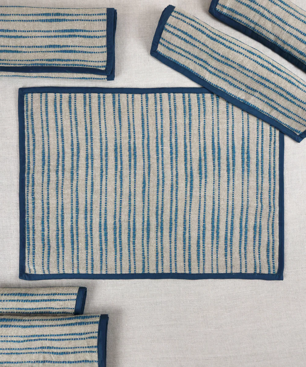 Set of 6 pcs Linen Natural & Teal Yarn Dye Table Mats | SHOBITAM