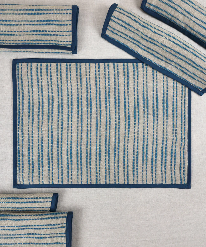 Set of 6 pcs Linen Natural & Teal Yarn Dye Table Mats | SHOBITAM