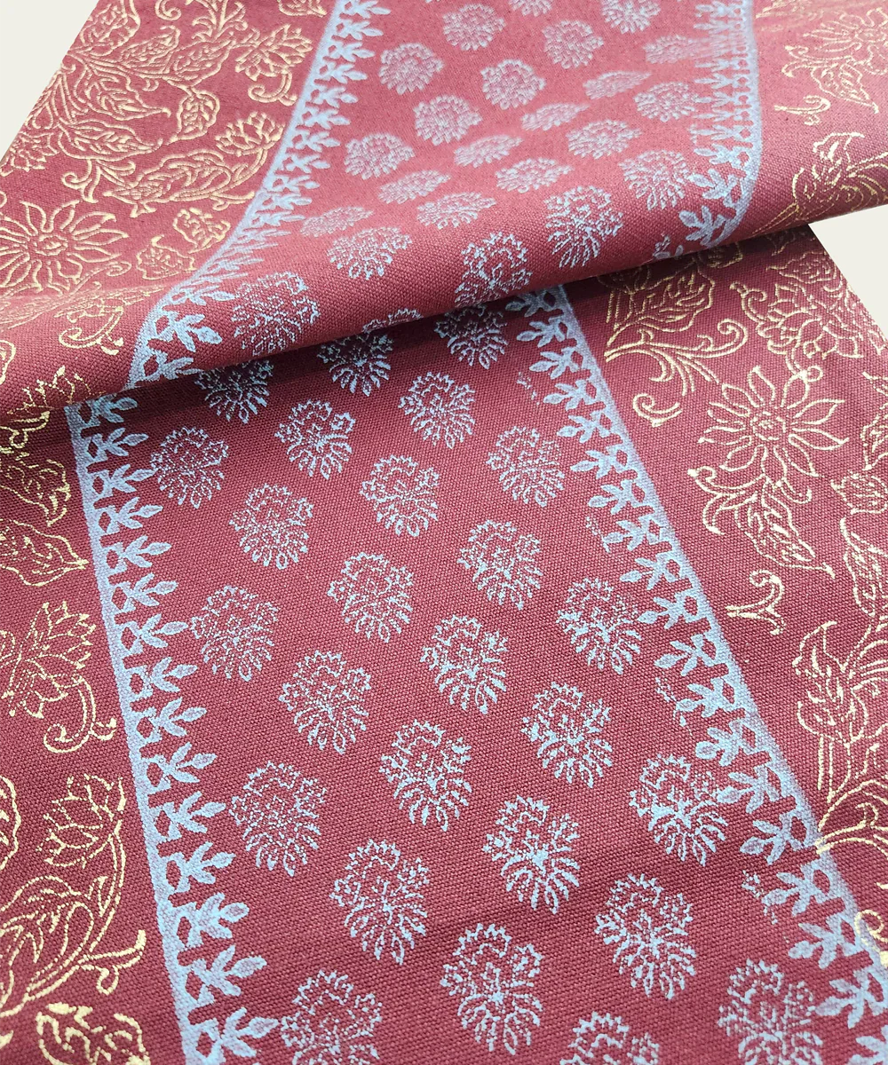 6 Seater Maroon Block Printed Cotton Canvas Table Runner (13 x 84 Inches) | SHOBITAM