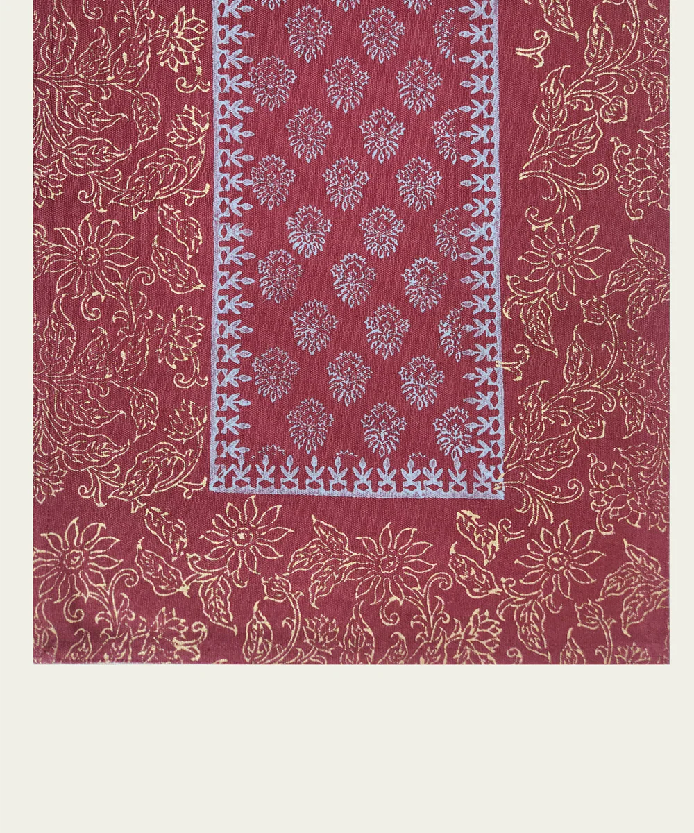 6 Seater Maroon Block Printed Cotton Canvas Table Runner (13 x 84 Inches) | SHOBITAM