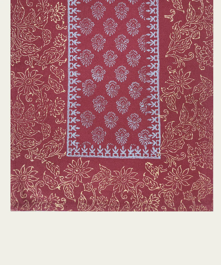 6 Seater Maroon Block Printed Cotton Canvas Table Runner (13 x 84 Inches) | SHOBITAM