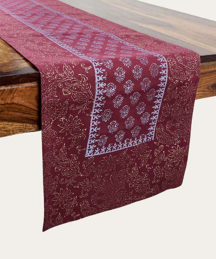 6 Seater Maroon Block Printed Cotton Canvas Table Runner (13 x 84 Inches) | SHOBITAM