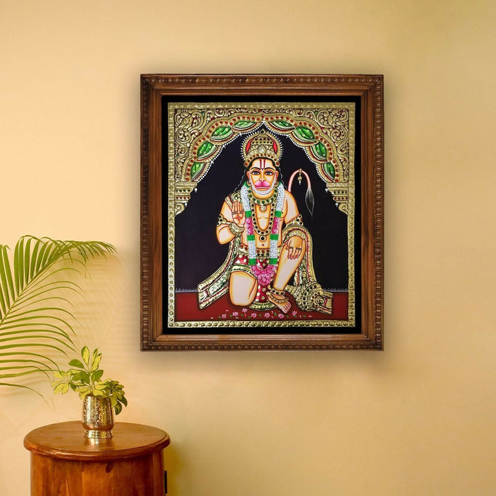 12x10" Tanjore Painting Abhaya Hanuman Authentic With 22 Ct gold Foil and Jaipur Gemstones ,Unframed | SHOBITAM