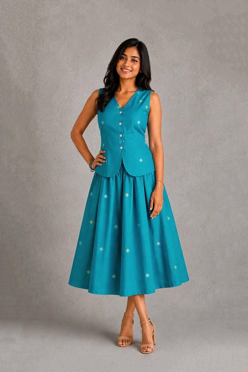 Teal Blue Yantra Motif Jamdani Skord | SHOBITAM