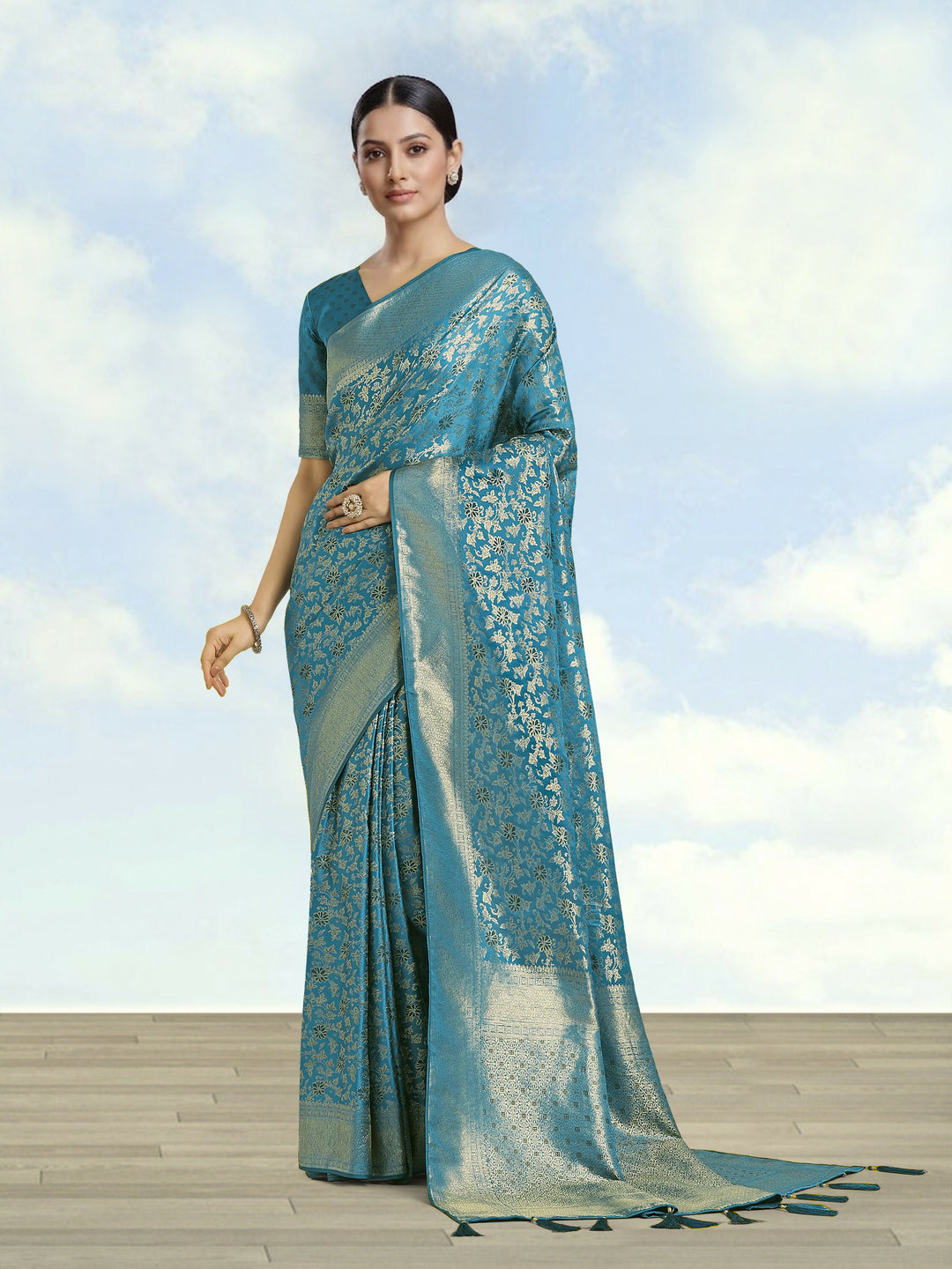 Sky blue Banarasi Satin Silk Meenakari zari weaving Saree | SHOBITAM