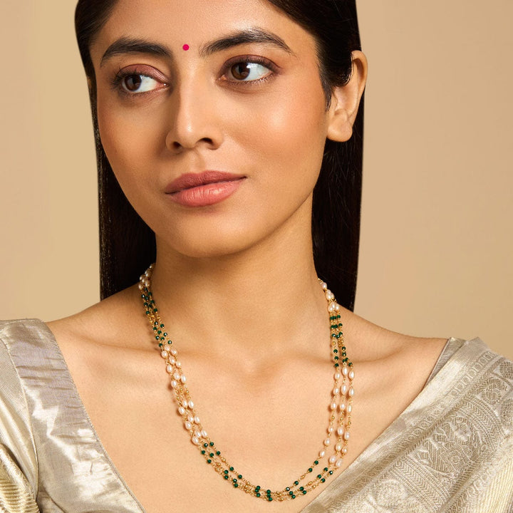 92.5 Silver, Gold Plated Silver Temple Green Beads Chain | SHOBITAM