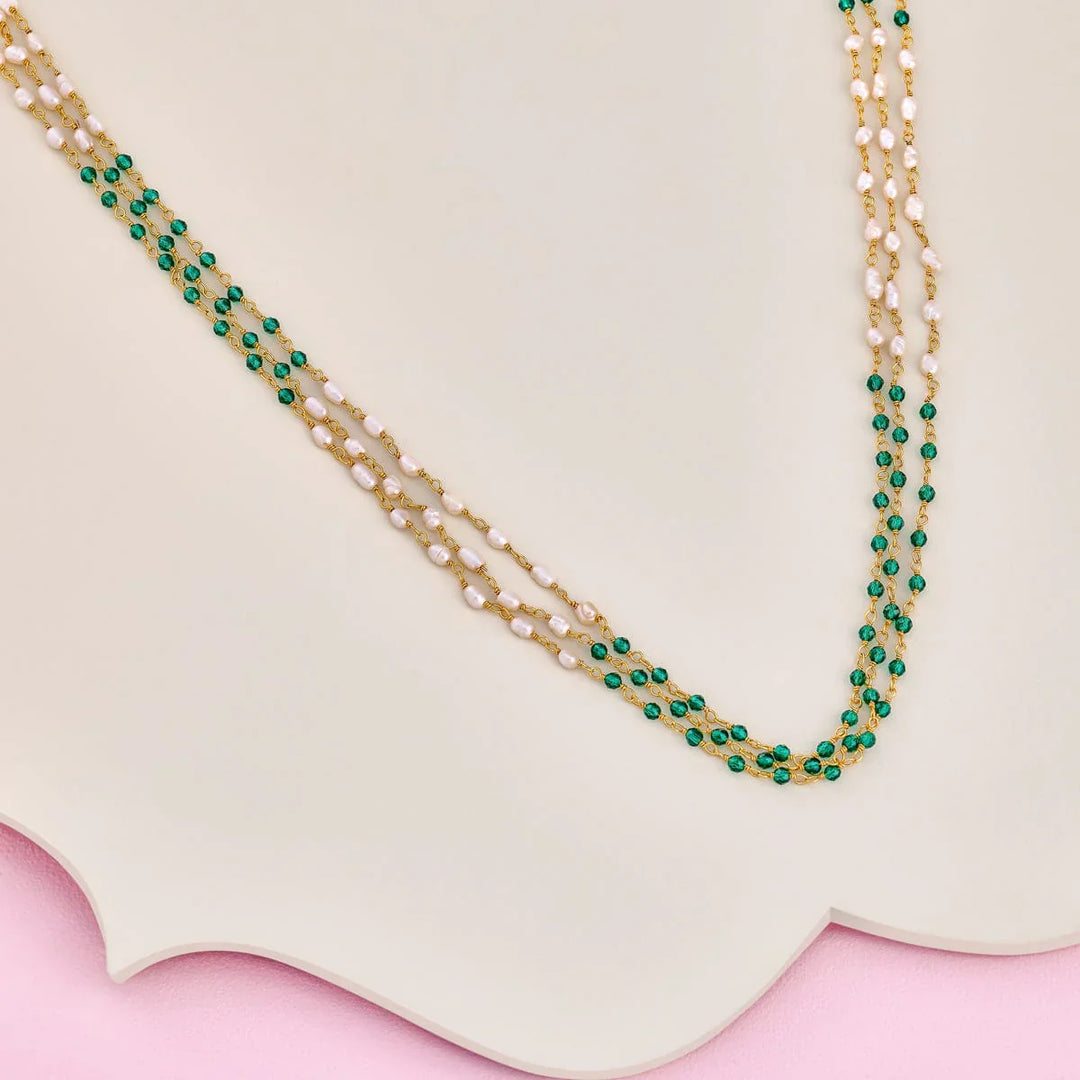 92.5 Silver, Gold Plated Silver Temple Green Beads Chain | SHOBITAM