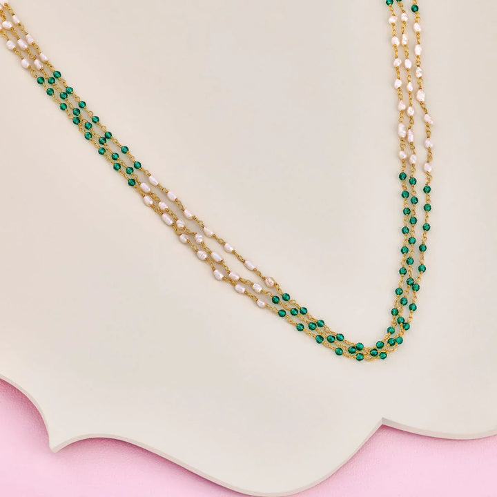 92.5 Silver, Gold Plated Silver Temple Green Beads Chain | SHOBITAM