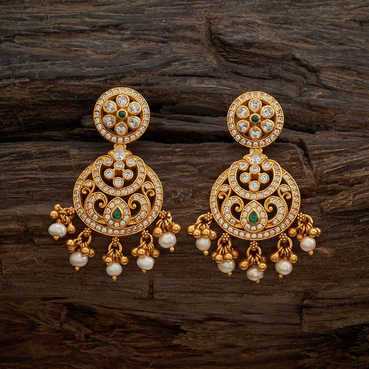 Pure 92.5 Silver Gold-Plated Floral Motif Earrings with Green Centre Stone and Dangling Pearls