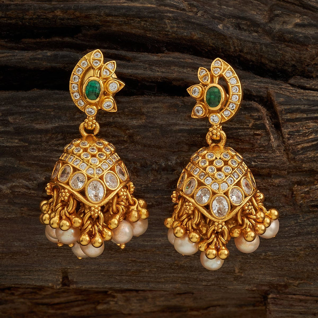 Pure 92.5 Silver Gold-Plated Traditional Jhumka Earrings with Gemstone and Dangling Pearls