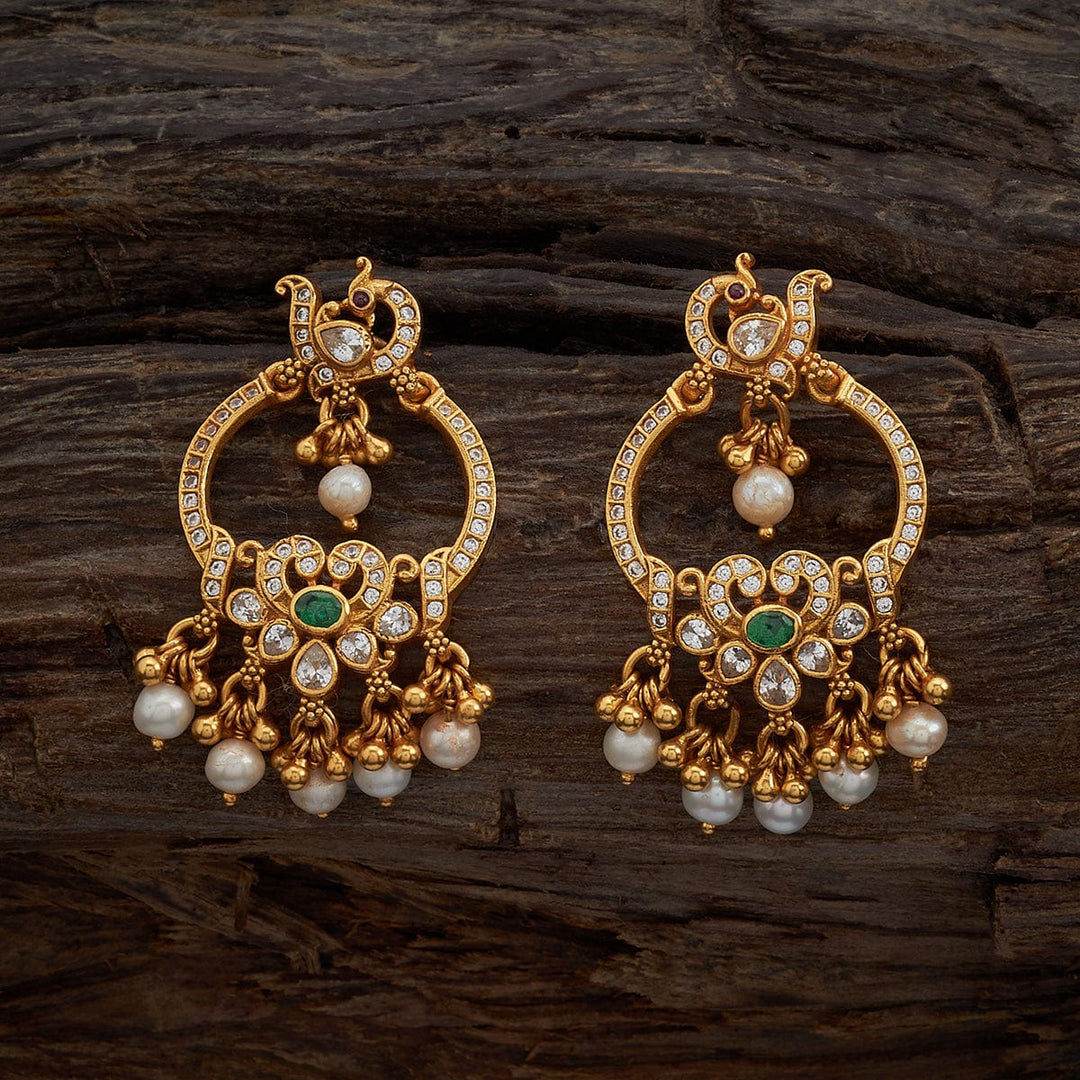 Pure 92.5 Silver Gold-Plated White Stones Peacock Motif Earrings with Green and Dangling Pearls