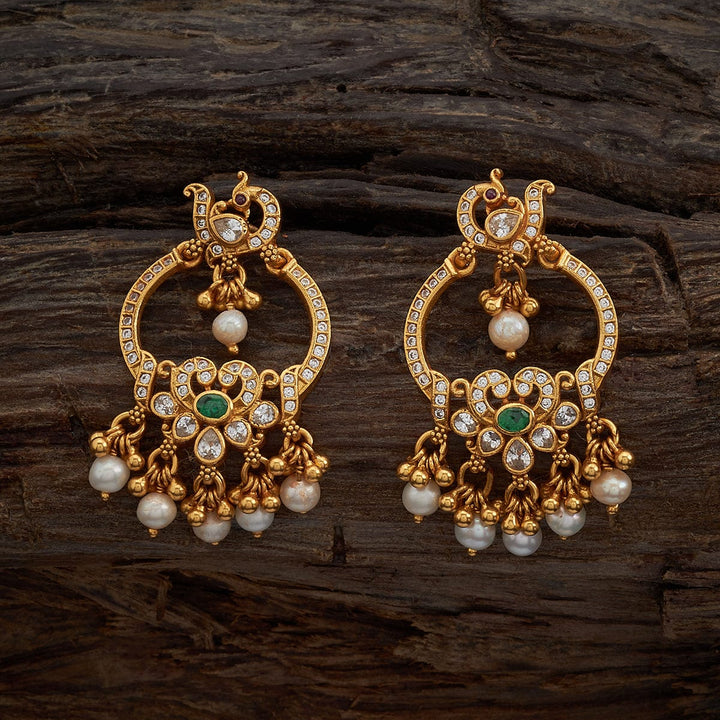Pure 92.5 Silver Gold-Plated White Stones Peacock Motif Earrings with Green and Dangling Pearls