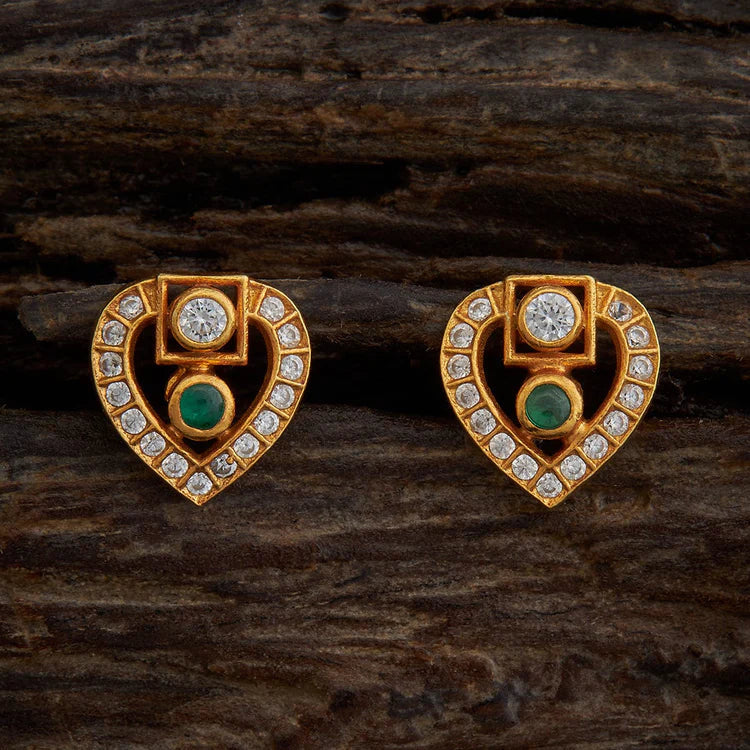 92.5 Sterling Silver Gold-Polished Heart-Shaped Studs with Emerald-Green Spinel and Zircons | SHOBITAM