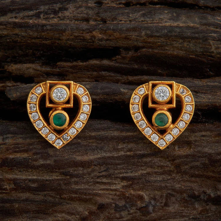 92.5 Sterling Silver Gold-Polished Heart-Shaped Studs with Emerald-Green Spinel and Zircons | SHOBITAM
