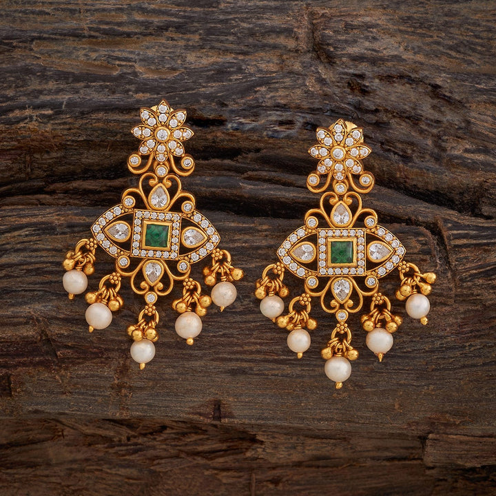 Pure 92.5 Silver Gold-Plated Stone-Studded Earrings with Green Square Gem, White Stones, and Pearl