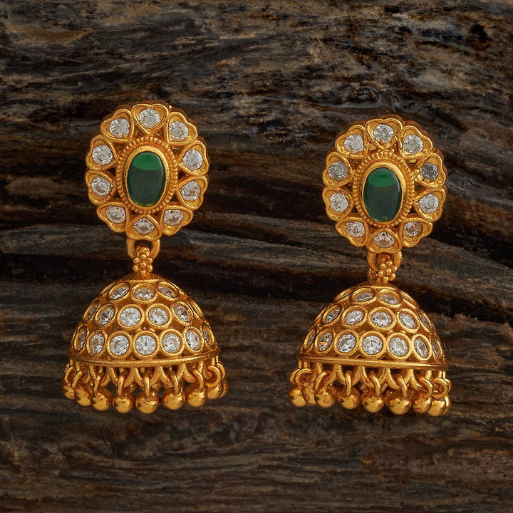 Pure 92.5 Silver Gold-Plated CZ Stone Jhumka Earrings with Dangling Beads