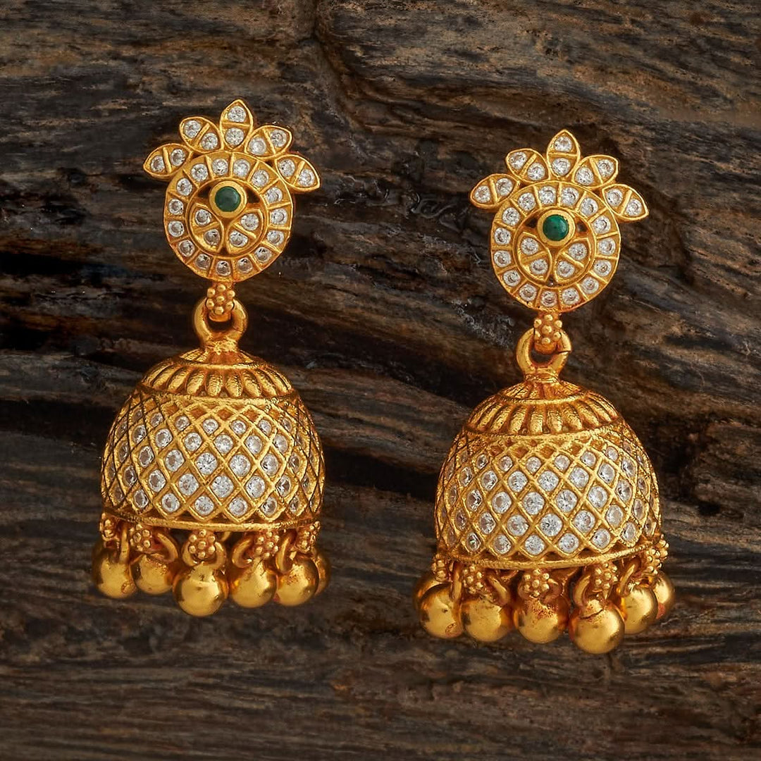 Pure 92.5 Silver Gold-Plated CZ Temple Jhumka Earrings with Gold Dangling Beads | SHOBITAM