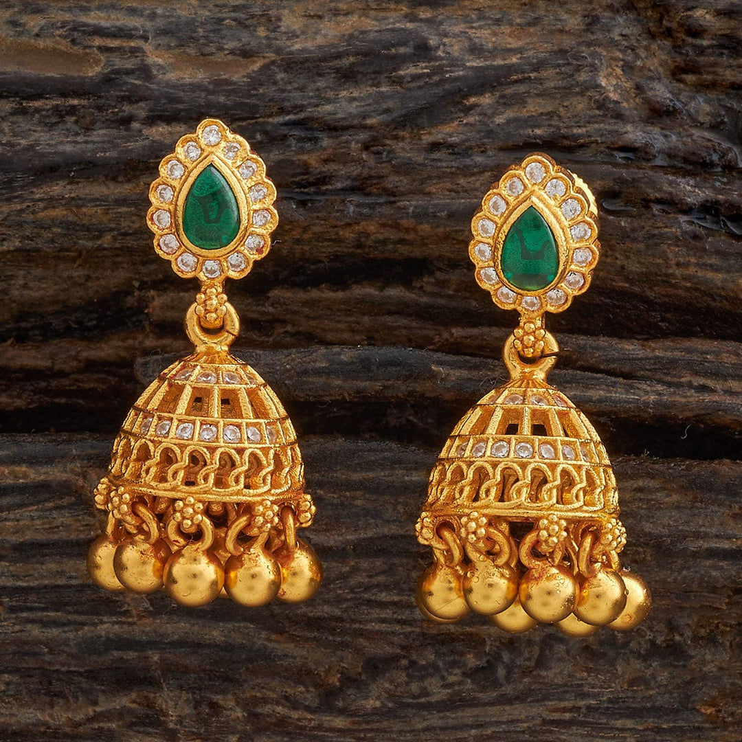 Pure 92.5 Silver Gold-Plated Traditional Temple Jhumka Earrings with Green Stone Stud and Gold Drops