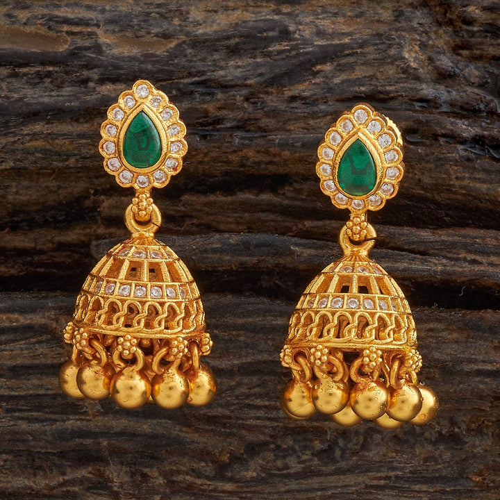 Pure 92.5 Silver Gold-Plated Traditional Temple Jhumka Earrings with Green Stone Stud and Gold Drops