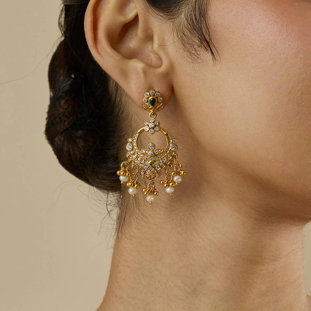 Pure 92.5 Silver Gold-Plated Emerald Charm Chandbali Earrings with Floral Stud and Pearl Drops