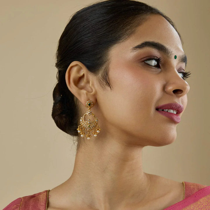 Pure 92.5 Silver Gold-Plated Emerald Charm Chandbali Earrings with Floral Stud and Pearl Drops