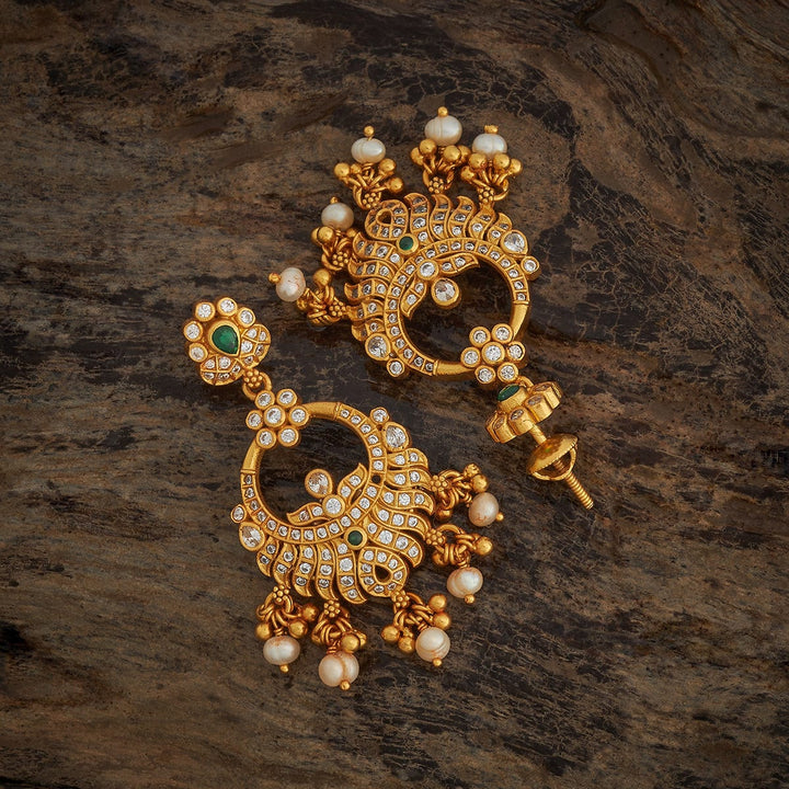 Pure 92.5 Silver Gold-Plated Emerald Charm Chandbali Earrings with Floral Stud and Pearl Drops