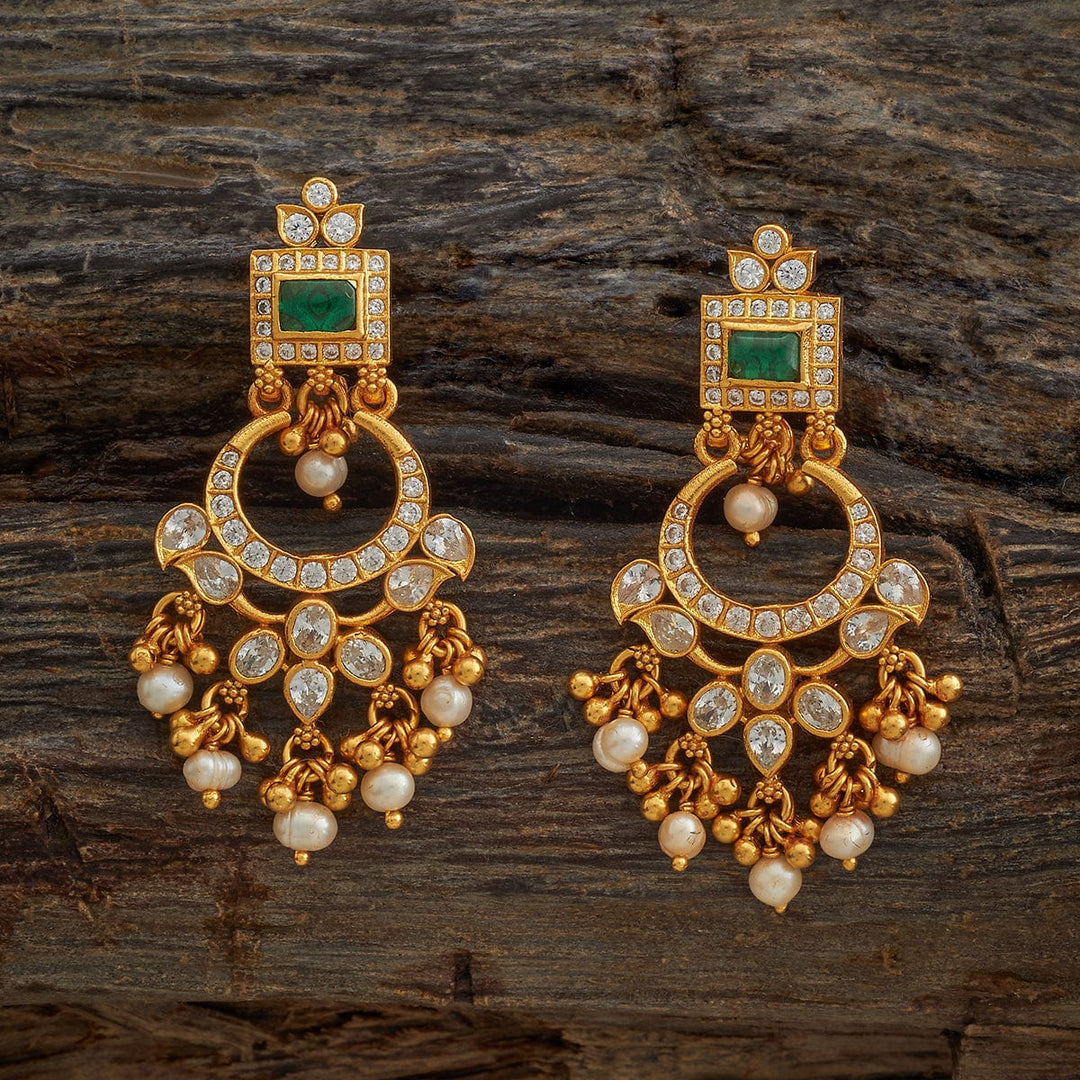 92.5 Pure Silver Chandbali Earring With Green Stone And  Dangling Beads And Pearls