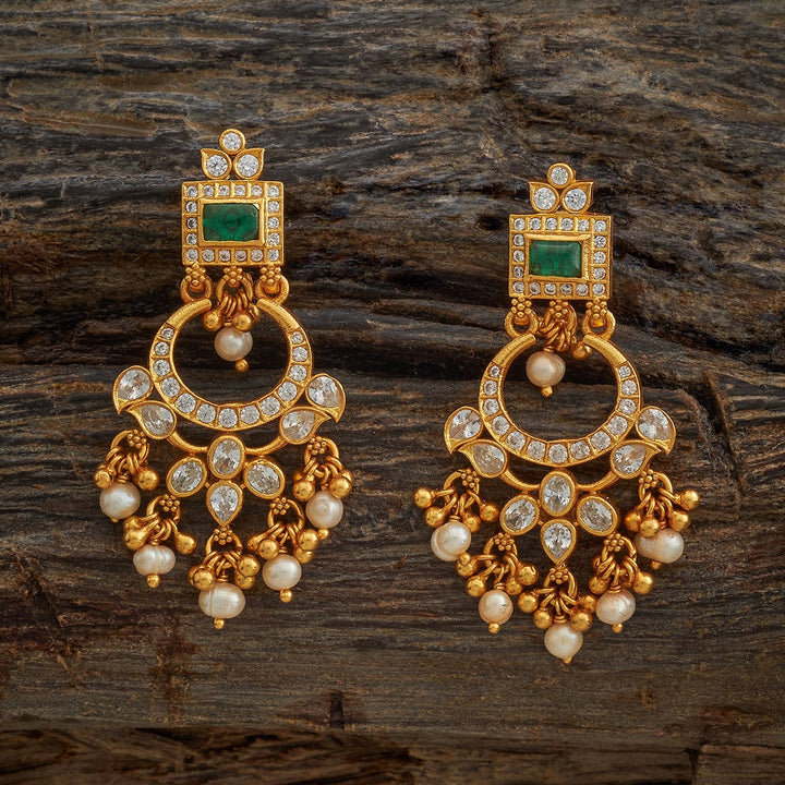 92.5 Pure Silver Chandbali Earring With Green Stone And  Dangling Beads And Pearls