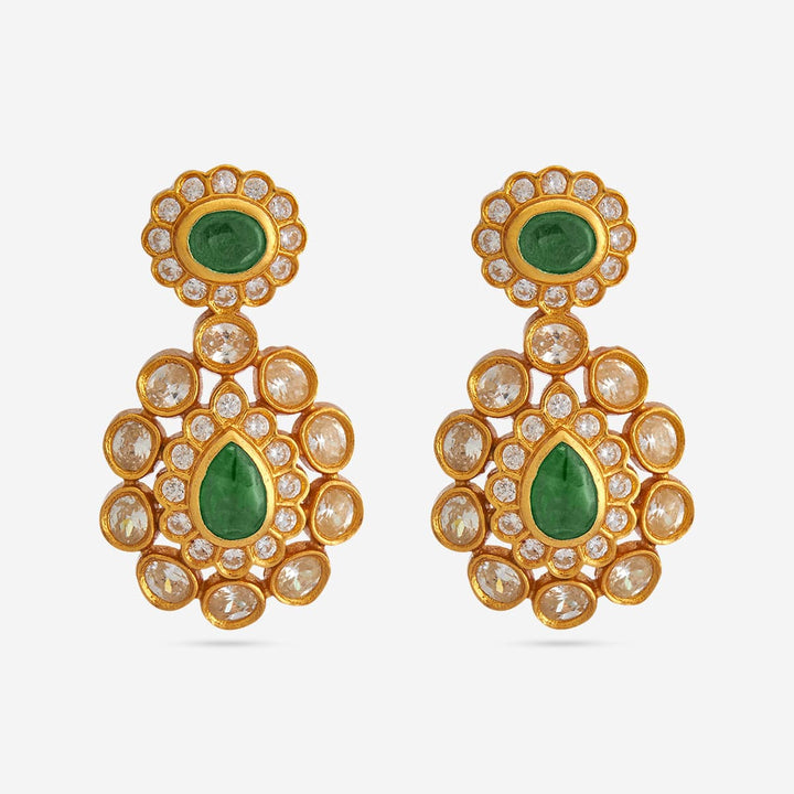 Pure 92.5 Silver Gold Plated Temple Earrings With Emerald Green and Polki Stones
