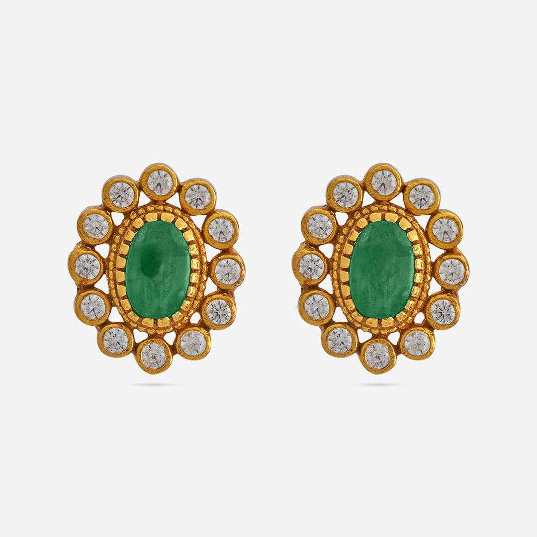 Pure 92.5 Silver Gold Plated Green Stone With Stud Earrings