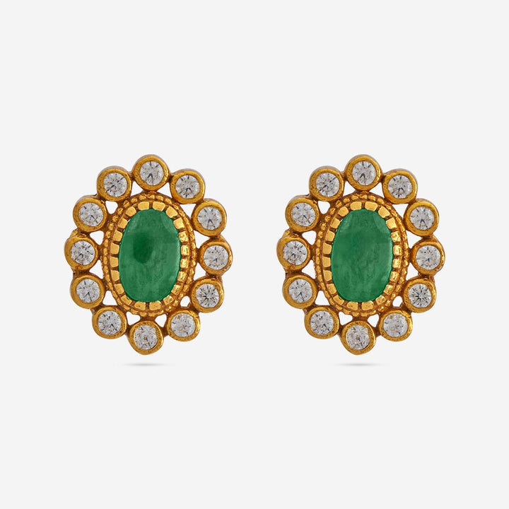Pure 92.5 Silver Gold Plated Green Stone With Stud Earrings