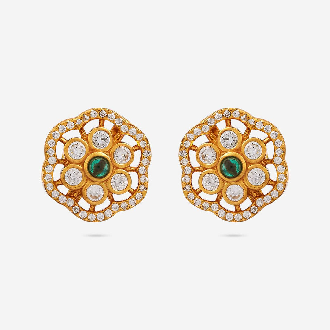 Pure 92.5 Silver Gold Plated Floral Stud Earrings With Green Stone In Center