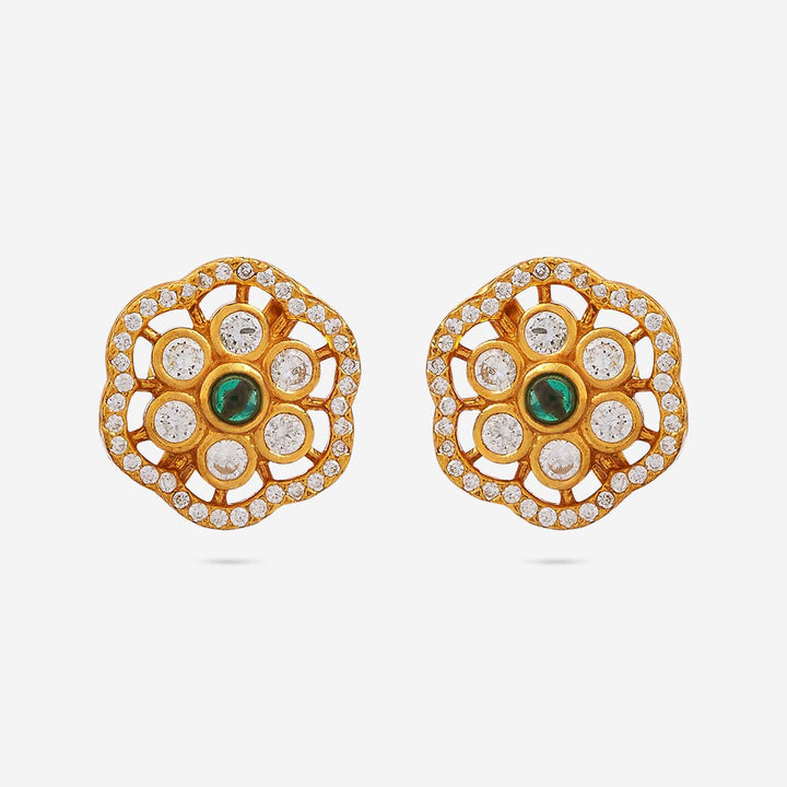 Pure 92.5 Silver Gold Plated Floral Stud Earrings With Green Stone In Center