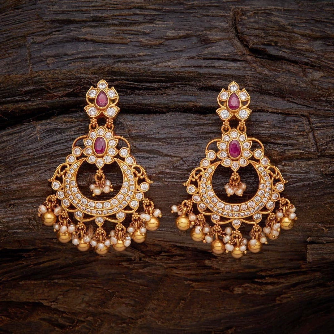 Pure 92.5 Silver Gold-Plated Chandbali Earrings with Gemstone and Dangling Beads